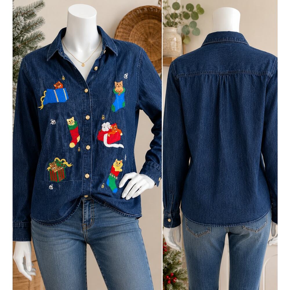 Westbound Denim Cat Lady Embroidered Button-Down Shirt Vintage Grandmacore M - Picture 2 of 15